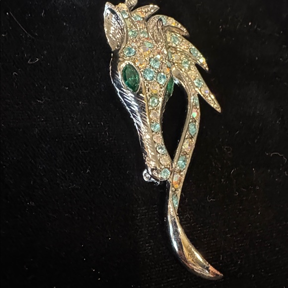 Sparkling Silver-Tone Dragon Brooch with Aqua & Aurora Borealis Rhinestones - Picture 4 of 9